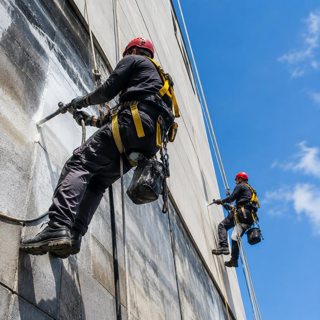 Técnicos de Vertipanel trabajando en fachada con cuerdas